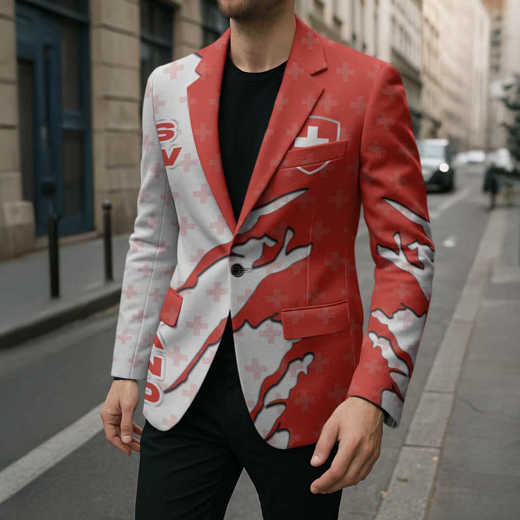 Switzerland Map Scratch Claw Swiss Flag Blazer with Vertical Text - Wonder Print Shop