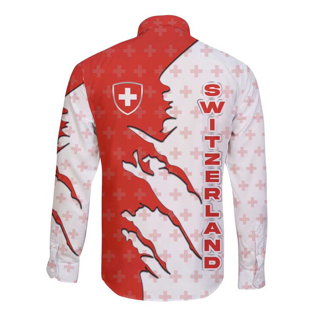 Switzerland Map Scratch Claw Swiss Flag Long Sleeve Button Shirt with Vertical Text - Wonder Print Shop