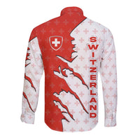 Switzerland Map Scratch Claw Swiss Flag Long Sleeve Button Shirt with Vertical Text - Wonder Print Shop