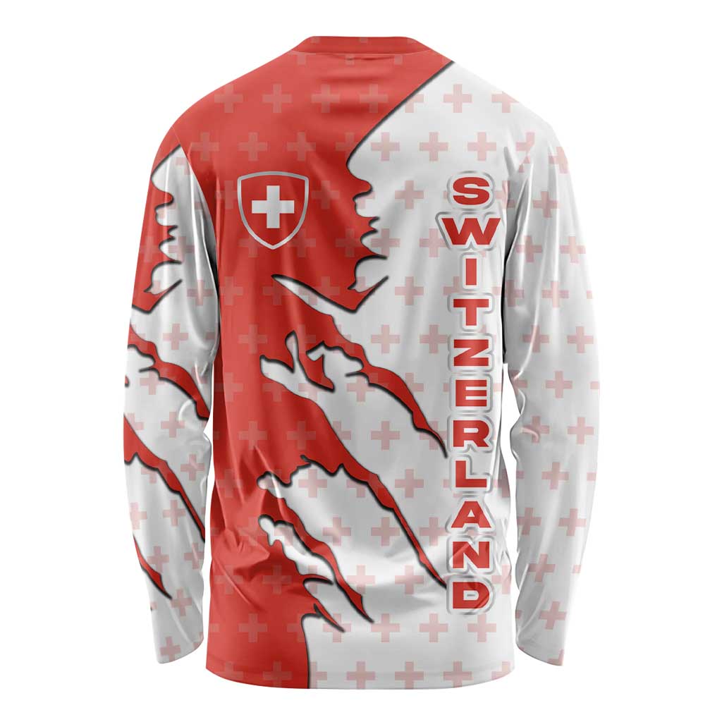 Switzerland Map Scratch Claw Swiss Flag Long Sleeve Shirt with Vertical Text - Wonder Print Shop