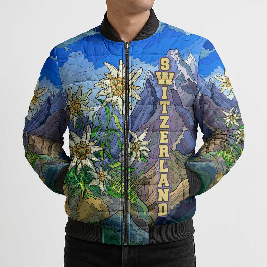 Edelweiss Flower Switzerland Mountain Bomber Puffer Jacket - Wonder Print Shop