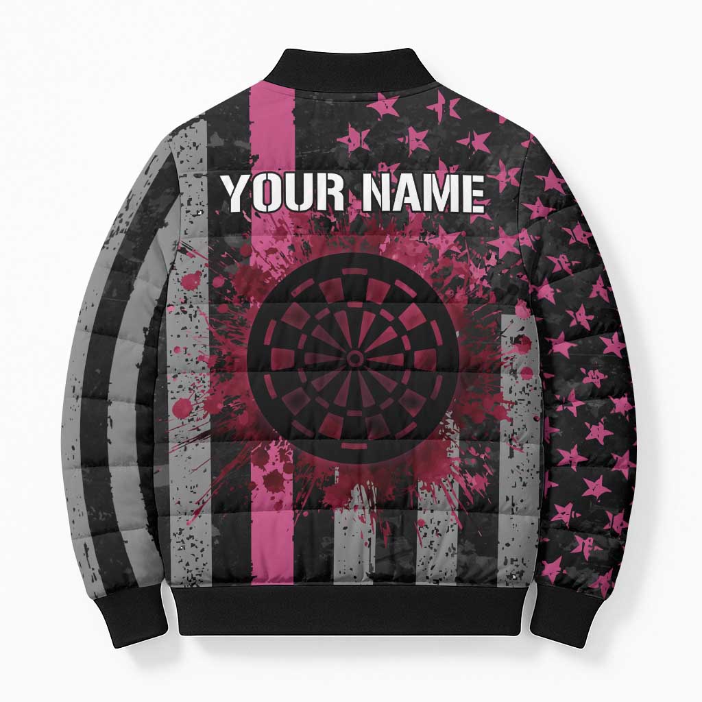 Personalized Pink Ribbon and American Flag Darts Bomber Puffer Jacket - Wonder Print Shop