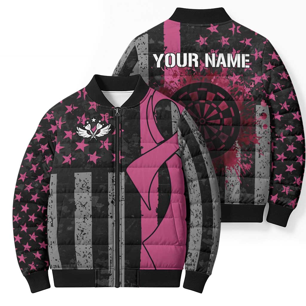Personalized Pink Ribbon and American Flag Darts Bomber Puffer Jacket - Wonder Print Shop