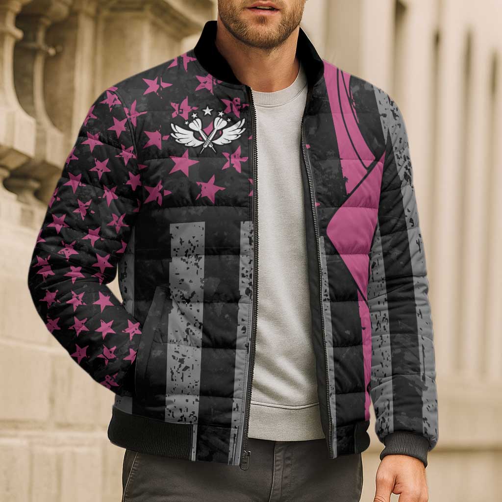 Personalized Pink Ribbon and American Flag Darts Bomber Puffer Jacket - Wonder Print Shop