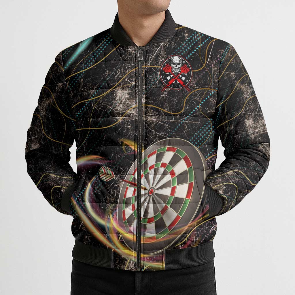 Personalized Skull and Darts Graphic Bomber Puffer Jacket with Neon Design - Wonder Print Shop
