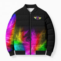 Personalized Colorful Neon Darts Bomber Puffer Jacket with Bold Abstract Background - Wonder Print Shop