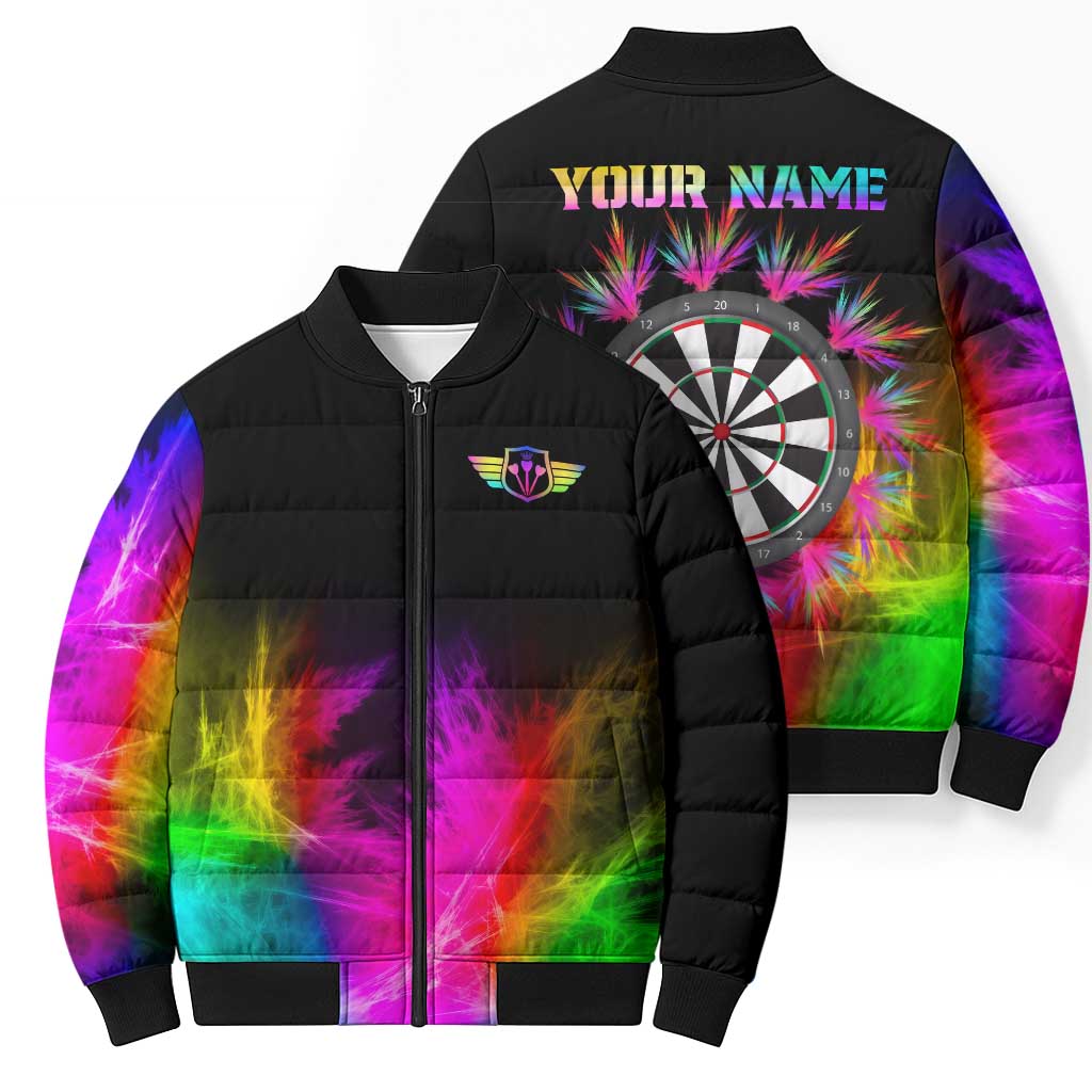 Personalized Colorful Neon Darts Bomber Puffer Jacket with Bold Abstract Background - Wonder Print Shop