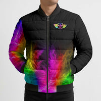 Personalized Colorful Neon Darts Bomber Puffer Jacket with Bold Abstract Background - Wonder Print Shop