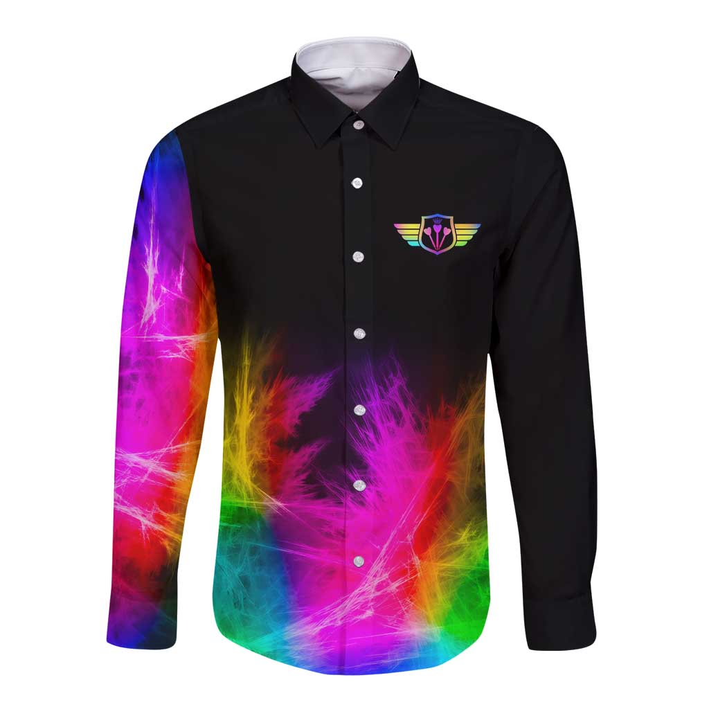 Personalized Colorful Neon Darts Long Sleeve Button Shirt with Bold Abstract Background - Wonder Print Shop