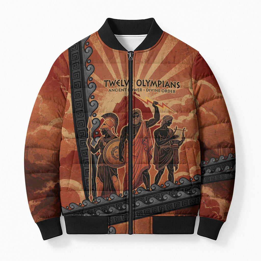 Twelve Olympians Bomber Puffer Jacket Greek Gods Graphic With Greek Amphora Vase And Parthenon Art