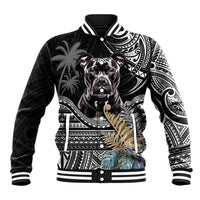 Black baseball jacket with ribbed collar, pitbull graphic, and Polynesian tribal pattern