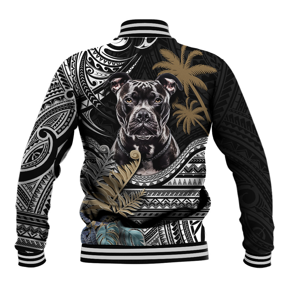 Black baseball jacket with ribbed cuffs, pitbull graphic on back, Polynesian tribal pattern