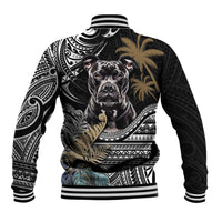 Black baseball jacket with ribbed cuffs, pitbull graphic on back, Polynesian tribal pattern