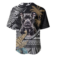 Black baseball jersey featuring close-up pitbull face, Polynesian motifs, palm leaves