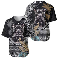 Two black baseball jerseys shown, pitbull graphic with Polynesian patterns and tropical leaves
