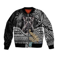 Black bomber jacket with Polynesian tribal print and pitbull graphic, zip front