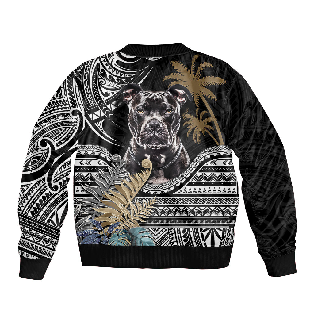 Black bomber jacket with large pitbull graphic, white tribal patterns, ribbed hem