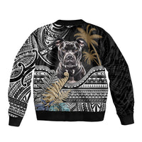 Black bomber jacket with large pitbull graphic, white tribal patterns, ribbed hem