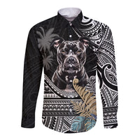 Black long sleeve button shirt with pitbull graphic and Polynesian pattern, front view