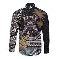 Black long sleeve button shirt with pitbull graphic and Polynesian pattern, back view