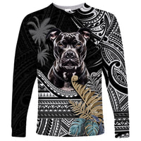 Unisex black long sleeve shirt with pitbull graphic and Polynesian pattern sleeves