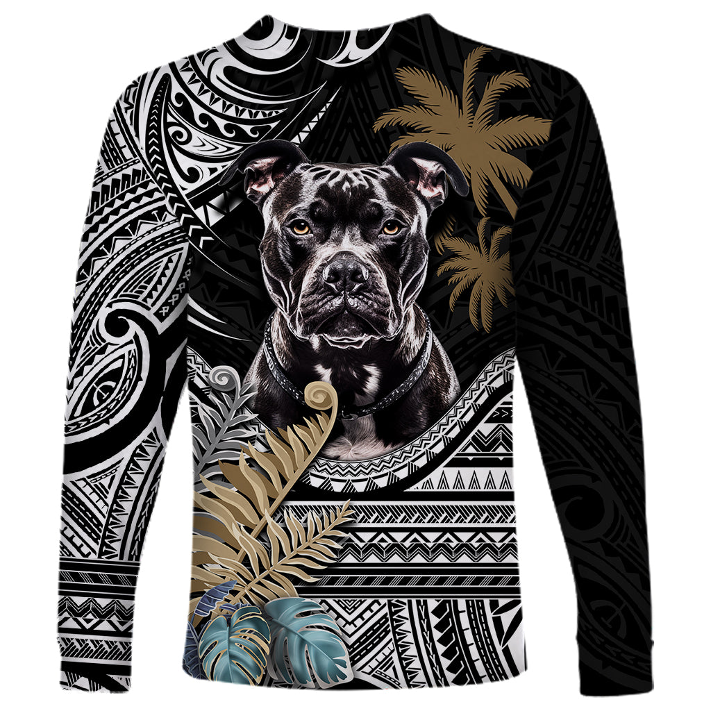 Unisex black long sleeve shirt with pitbull portrait, palm trees, and tribal pattern