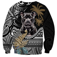 Black unisex sweatshirt with centered pitbull graphic and Polynesian-style tribal patterns
