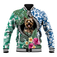 Multicolor baseball jacket with Polynesian leaf/floral print and Yorkie dog graphic, black cuffs.