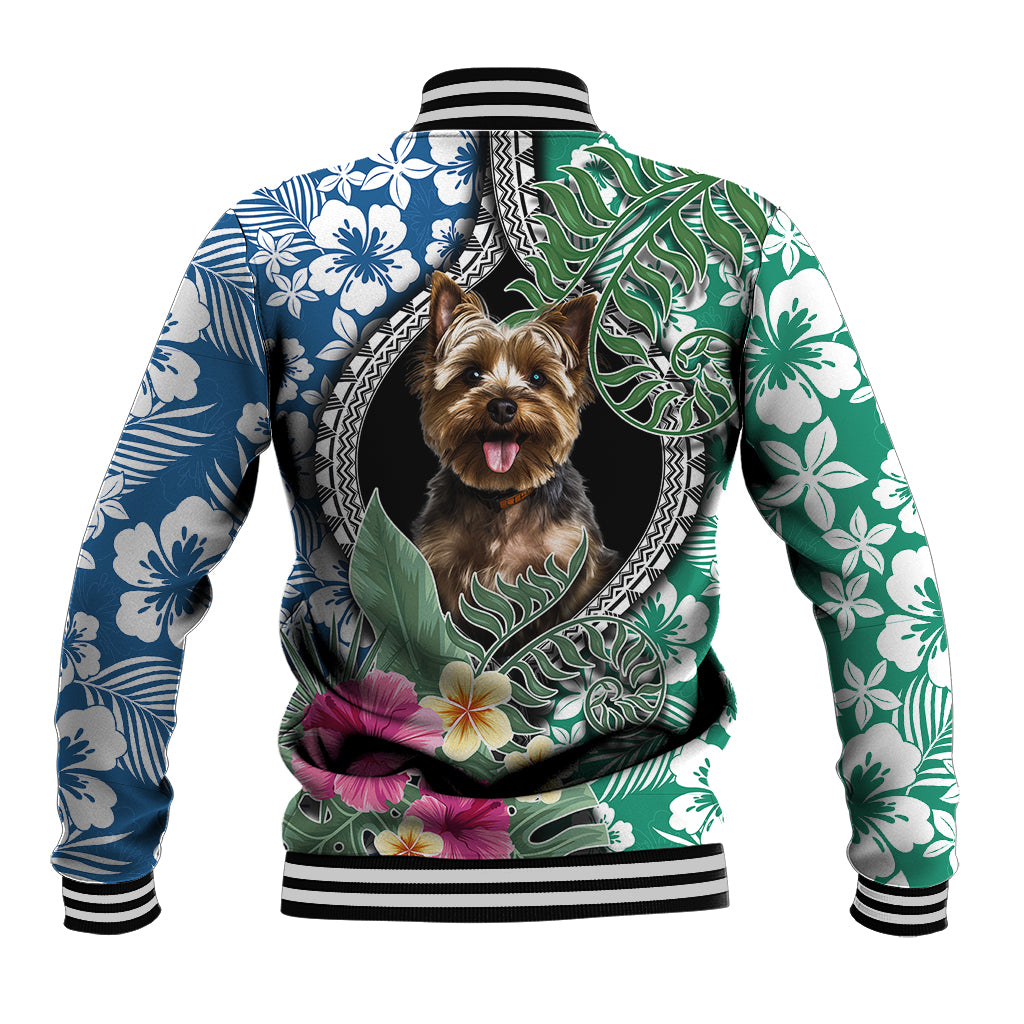 Multicolor baseball jacket with Yorkie face center and green/blue floral leaf print, striped collar.