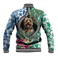 Multicolor baseball jacket with Yorkie face center and green/blue floral leaf print, striped collar.