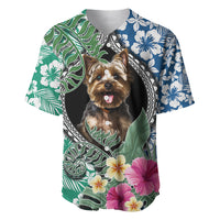 Polynesian baseball jersey featuring Yorkie portrait, green leaf and blue floral design