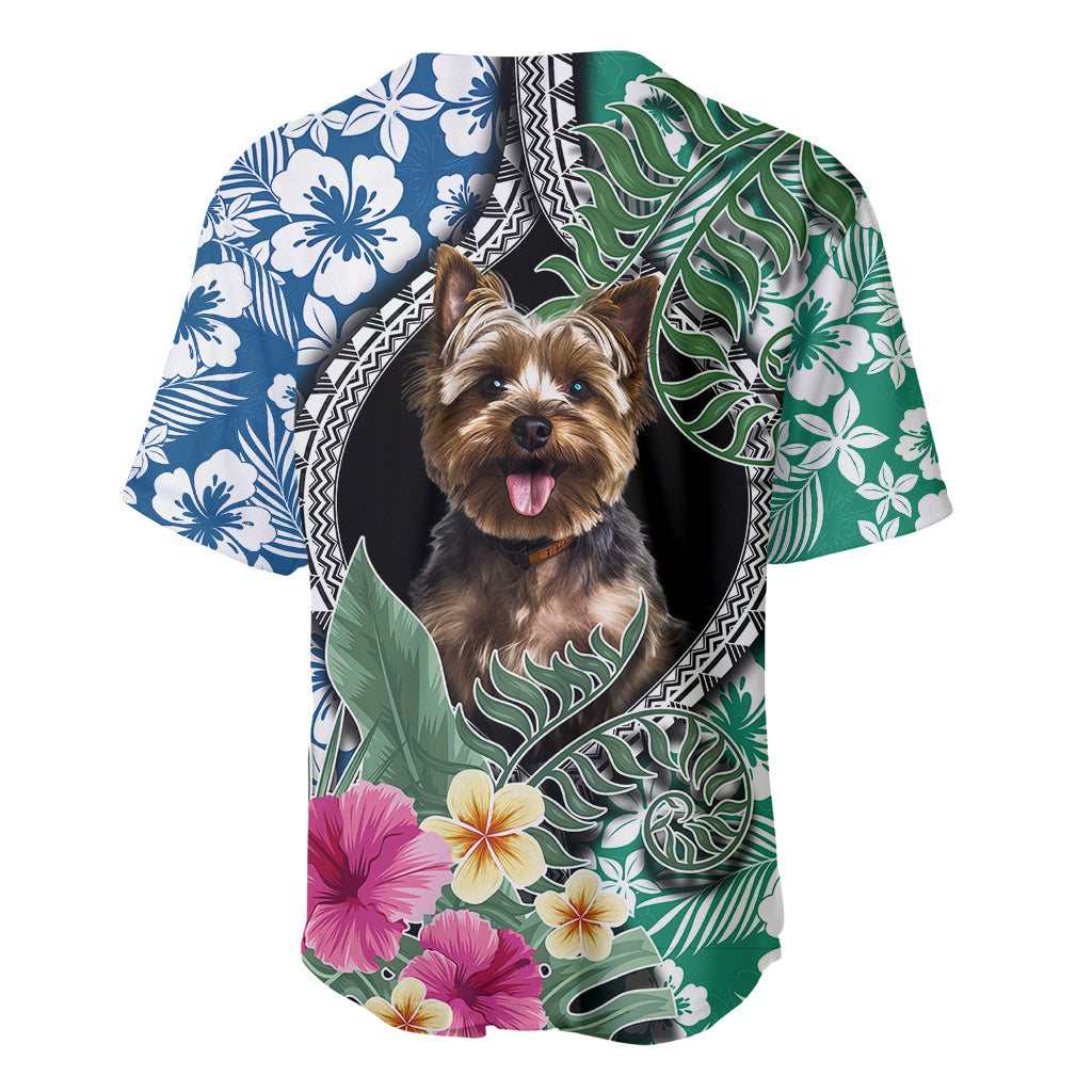 Polynesian baseball jersey with Yorkie in black circle, blue and green floral leaf print