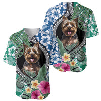 Polynesian baseball jersey with Yorkie graphic, blue and green floral leaf pattern