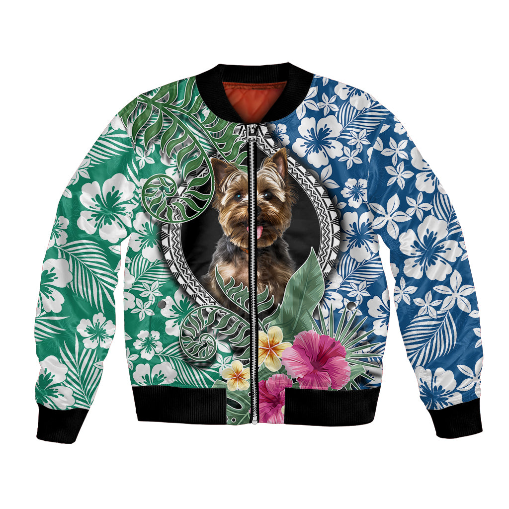Multicolor bomber jacket with Yorkshire Terrier graphic, tropical leaf/flower patterns, zip front