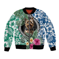 Multicolor bomber jacket with Yorkshire Terrier graphic, tropical leaf/flower patterns, zip front