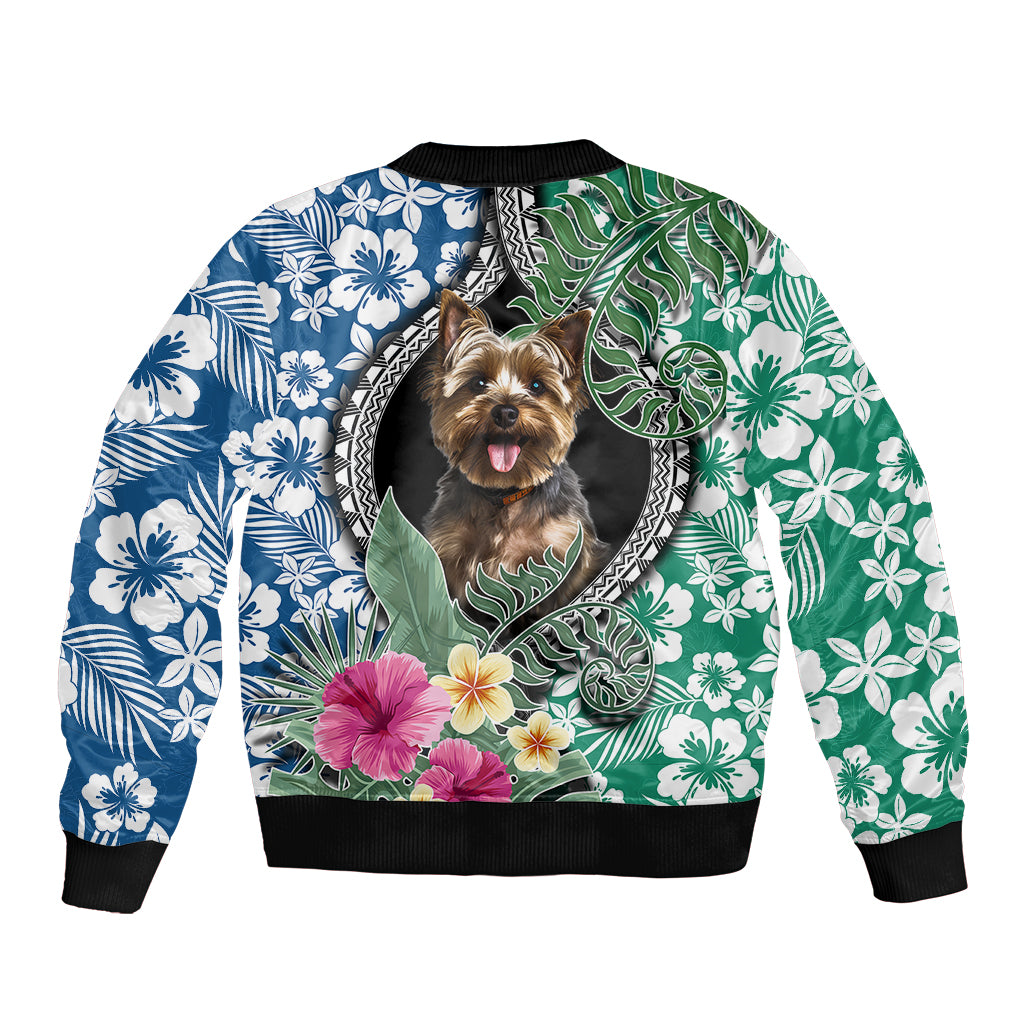 Multicolor bomber jacket with Yorkshire Terrier face, tropical leaf and blue flower print