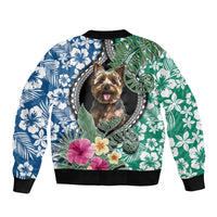 Multicolor bomber jacket with Yorkshire Terrier face, tropical leaf and blue flower print