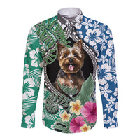 Unisex long-sleeve button shirt with terrier portrait and tropical leaf/floral print