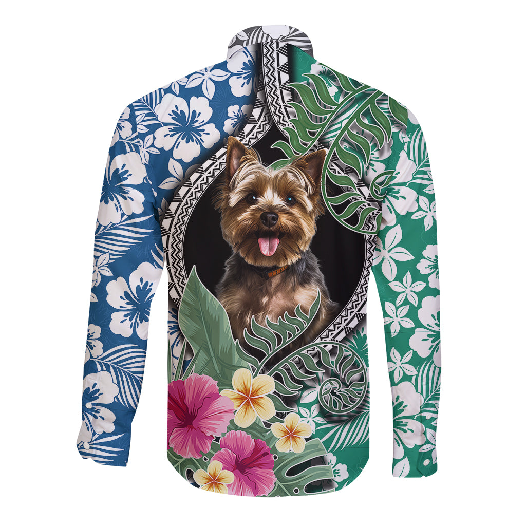 Unisex long-sleeve button shirt with terrier portrait, tropical blue flower and green leaf print