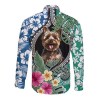 Unisex long-sleeve button shirt with terrier portrait, tropical blue flower and green leaf print