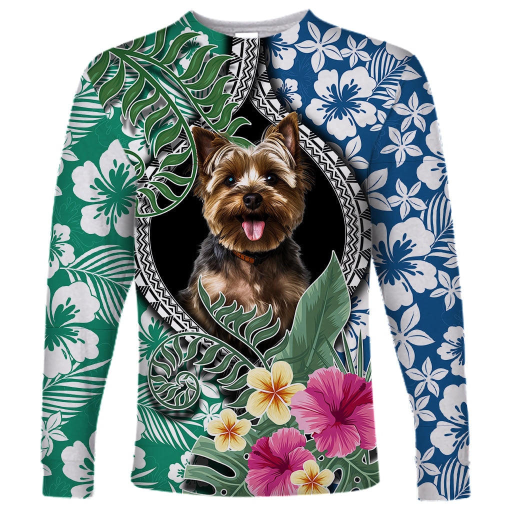 Multicolor unisex long sleeve shirt with Yorkshire terrier graphic and tropical leaf floral