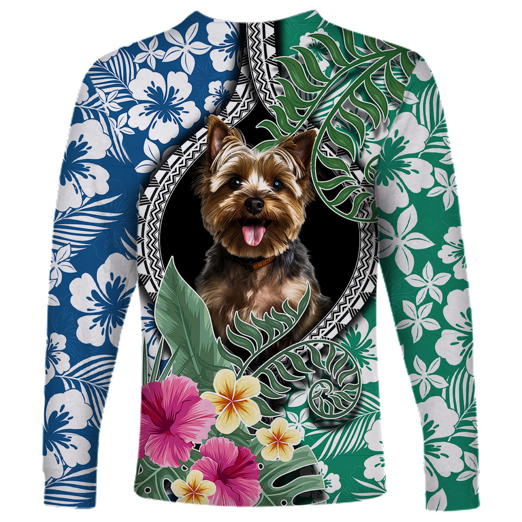 Multicolor unisex long sleeve shirt with Yorkshire terrier portrait and blue/green floral print