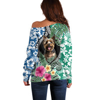 Women’s off-shoulder sweater back view, multicolor tropical pattern with dog print