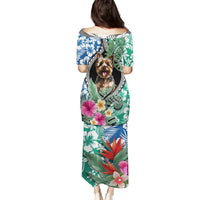 Long dress back with keyhole cutout, floral leaf print and terrier graphic