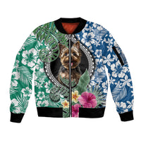 Multicolor bomber jacket with zip front, Yorkie portrait, Polynesian floral and leaf print