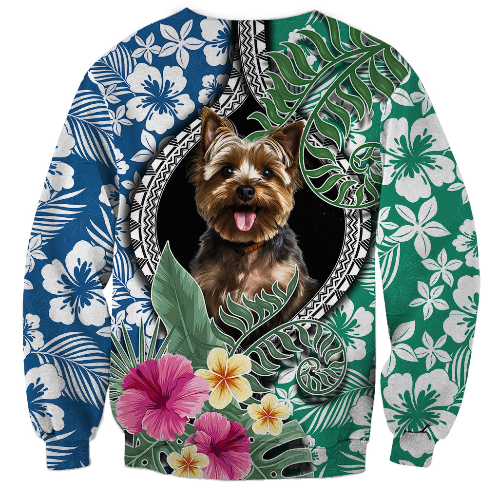 Unisex multicolor sweatshirt with Yorkshire Terrier portrait and hibiscus floral leaf patterns