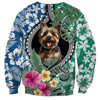 Unisex multicolor sweatshirt with Yorkshire Terrier portrait and hibiscus floral leaf patterns