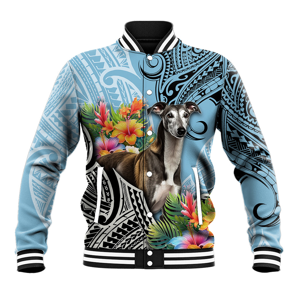 Cyan baseball jacket with black-and-white cuffs, tribal print, and dog with flowers