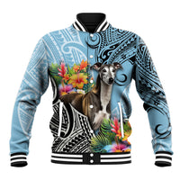 Cyan baseball jacket with black-and-white cuffs, tribal print, and dog with flowers