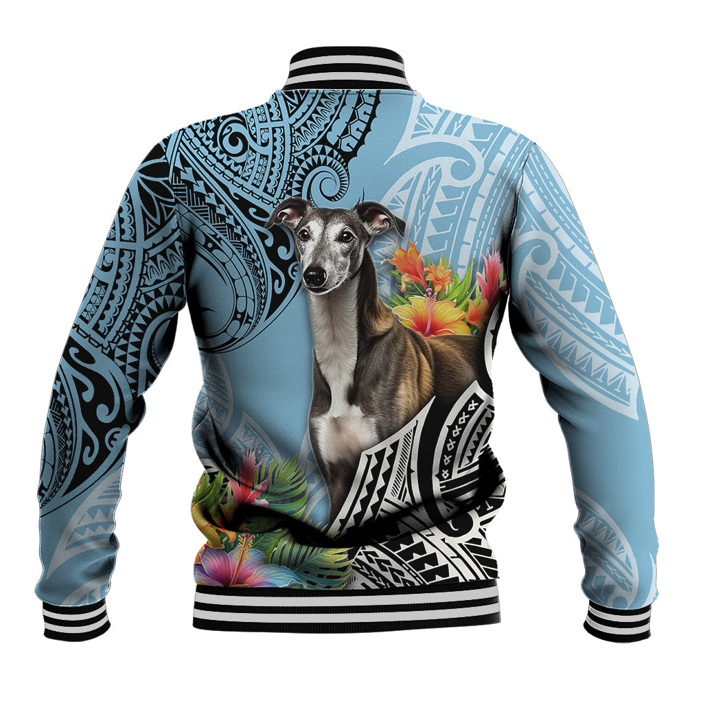 Cyan baseball jacket with back dog-and-flower artwork, tribal pattern, striped ribbed cuffs
